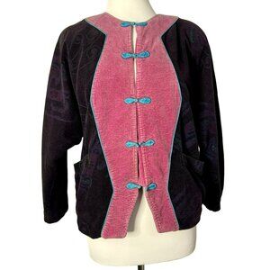 Art to Wear Asian Theme Corduroy Jacket Boutique Patterned Black Fabric Sz L